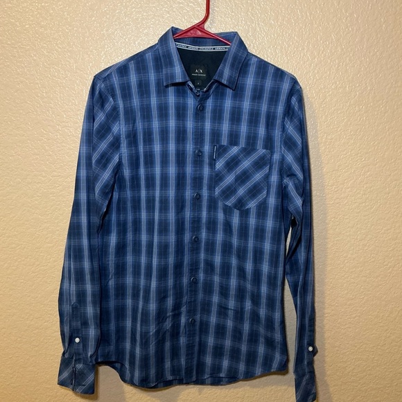 Armani Exchange Navy Checkered Button Down Shirt - Picture 1 of 2